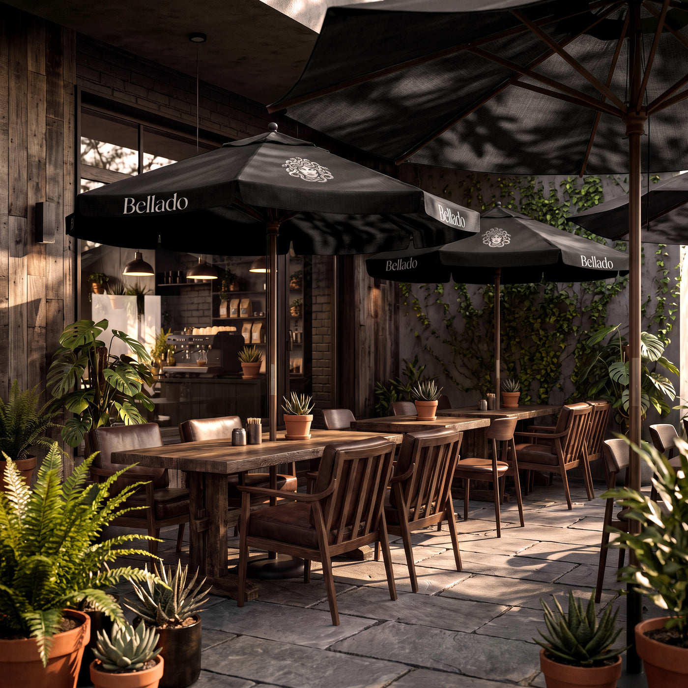 Terrasse mit Bellado-Sonnenschirmen