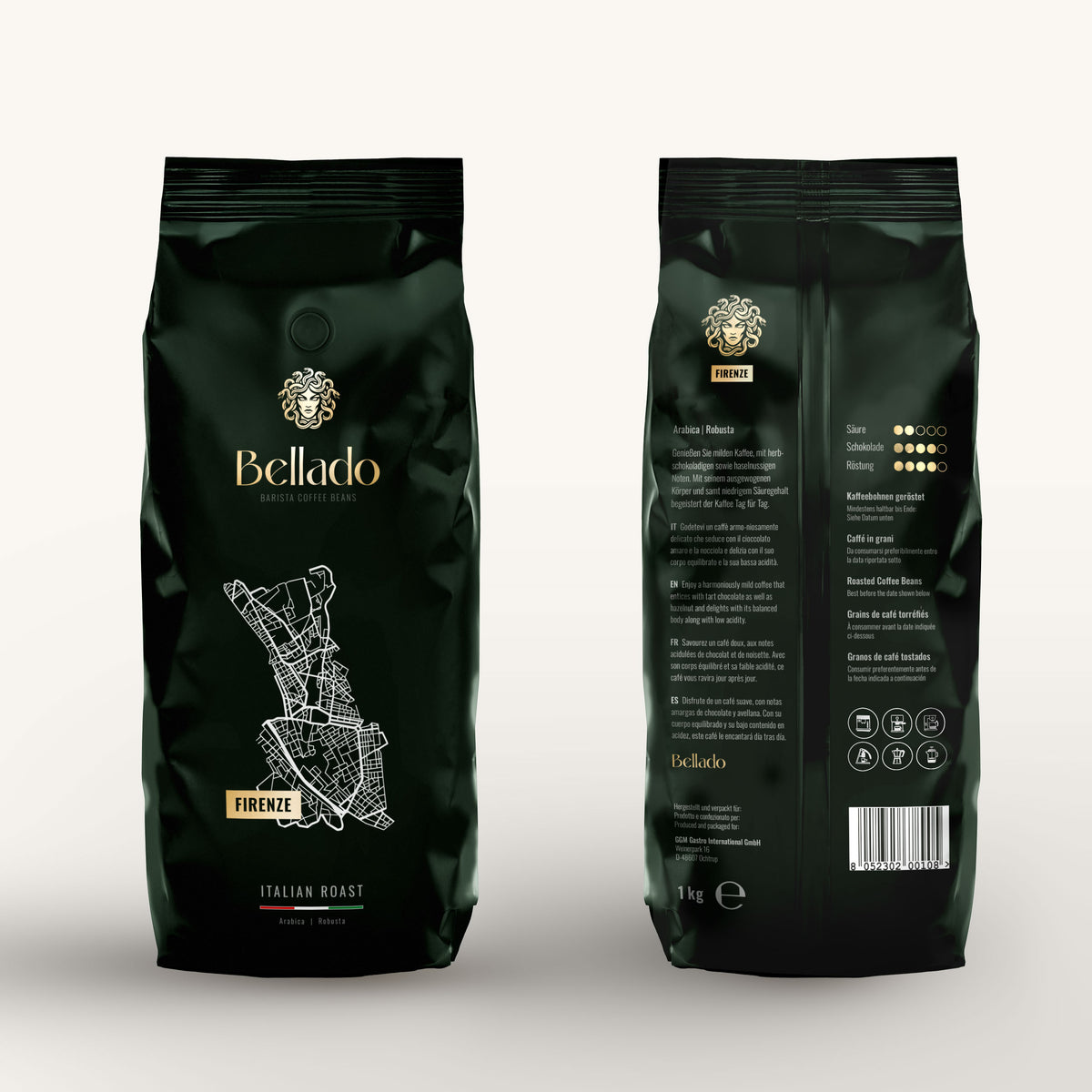 Kaffeebohnen Firenze – Vorder- und Rückseite des Beutels