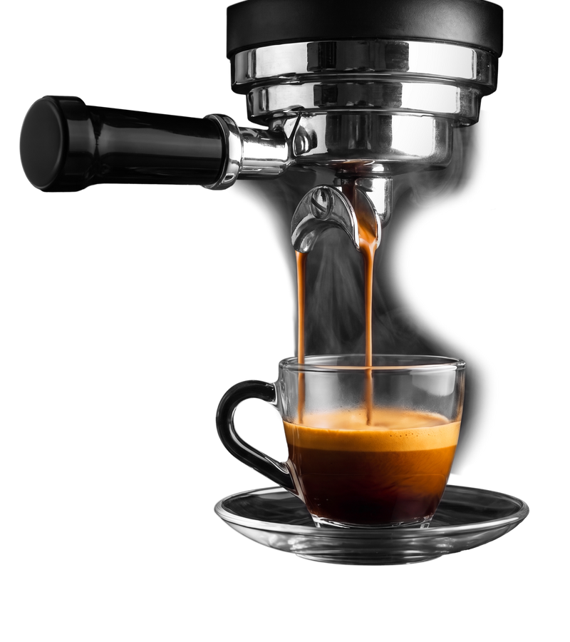Siebträger, aus dem Espresso in eine Glastasse läuft