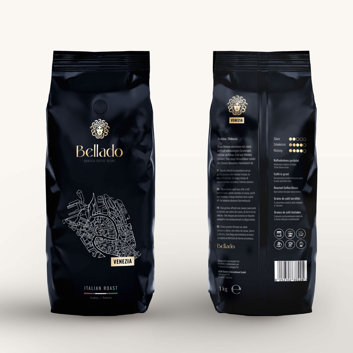 Kaffeebohnen Venezia – Vorder- und Rückseite des Beutels