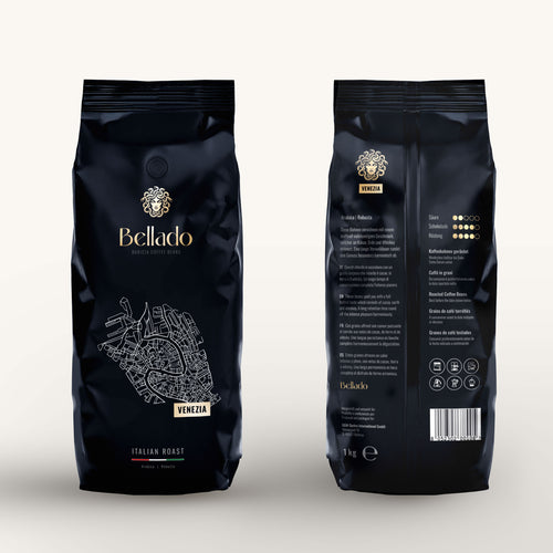 Kaffeebohnen Venezia – Vorder- und Rückseite des Beutels